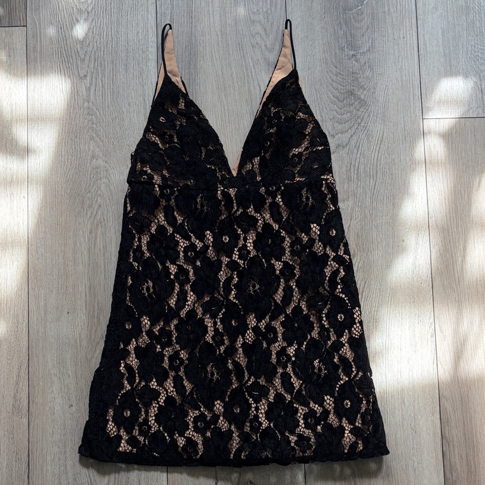 Free People Black Lace Mini Slip Dress with Nude Lining